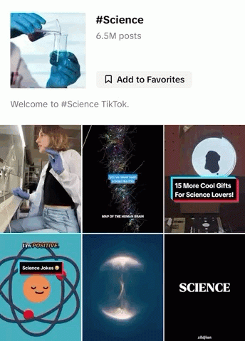 Screenshot of the #science page on Tik Tok.
